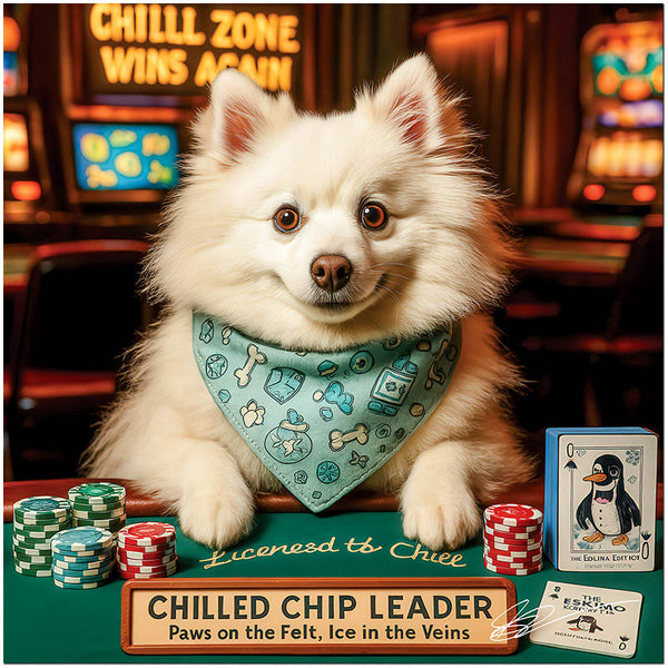 Chilled Chip Leader American Eskimo dog playing poker in casino scene Metal Print