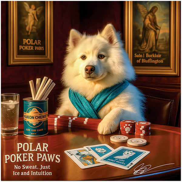 Polar Poker Paws American Eskimo dog playing poker metal print