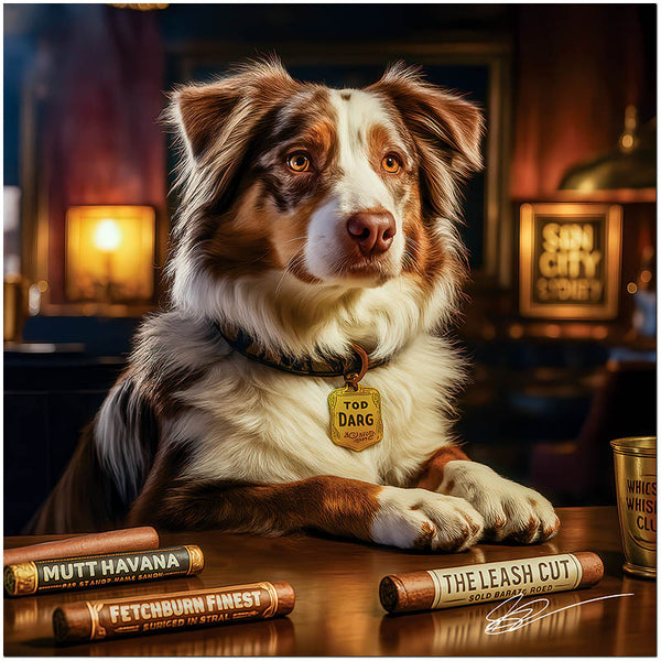 Sin City Sydney Australian Shepherd Dog Relaxing with Luxury Cigars in Vintage Lounge