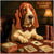 Blackjack Basset Hound Dog Wearing Bowtie Dealing Cards at Vintage Casino Table
