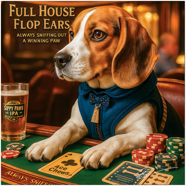 Full House Flop Ears Beagle Dog Playing Poker with Beer at Casino Table