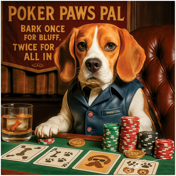 Poker Paws Pal Beagle Dog in Leather Vest Playing Poker at Bar