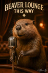 Humorous beaver holding vintage microphone in lounge setting metal print artwork