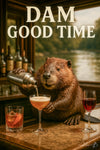 Humorous beaver bartender mixing cocktails riverside metal print artwork