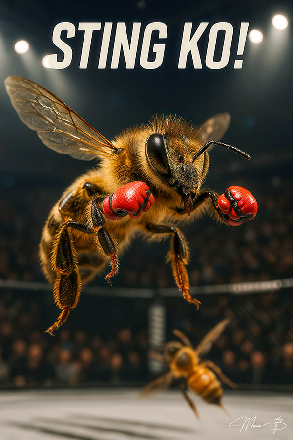 Sting Ko humorous bee boxing match metal wall art print