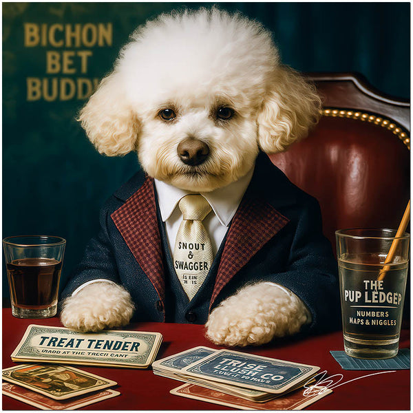 Bichon Bet Buddy Bichon Frise dog playing poker with snout and swagger in luxury casino