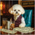 Lucky Fluff Bichon Frise dog at luxury bar sipping whiskey surrounded by money