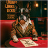Boston Terrier artwork titled Lounge Lurking Licker on ChromaLuxe Metal, featuring an elegant vintage lounge scene.