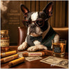 Boston Terrier artwork titled Cigar Companion on ChromaLuxe Metal, featuring an upscale vintage cigar lounge scene.