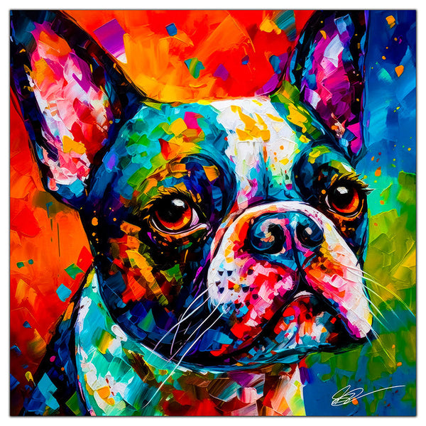 Colorful Boston Terrier portrait in modern art style, perfect for home decor.