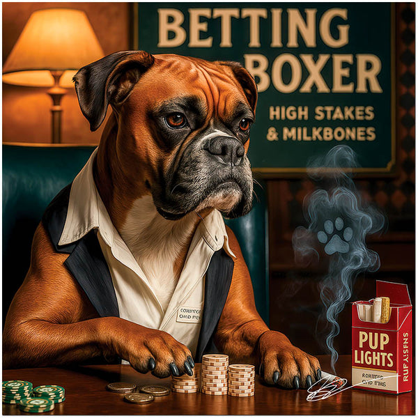 Boxer dog in a vest playing poker at a smoky bar, surrounded by chips and a pack of "Pup Lights" cigarettes