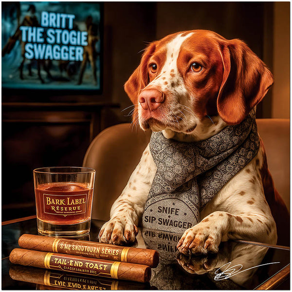 Stylish Brittany dog relaxing with cigar and drink in sophisticated lounge setting
