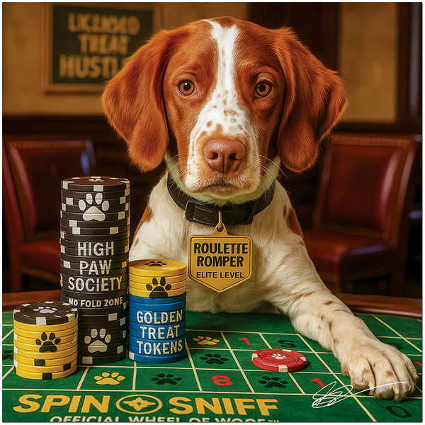 Brittany dog at roulette table with playful poker chips humorous casino art