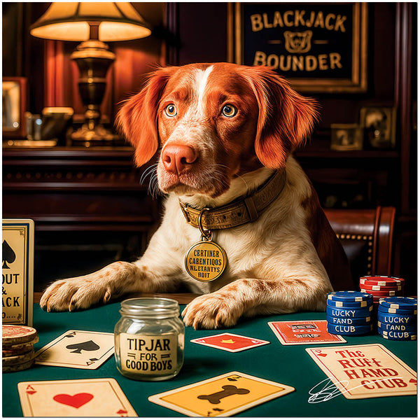 Brittany dog playing blackjack humorous casino art