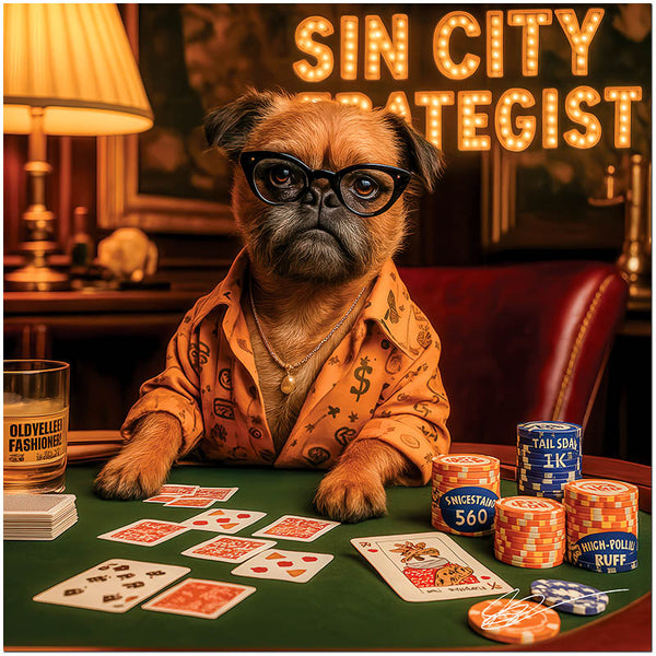 Brussels Griffon dog playing poker in casino scene wearing glasses and stylish outfit