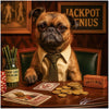 Brussels Griffon dog dressed stylishly playing cards and coins at a casino table