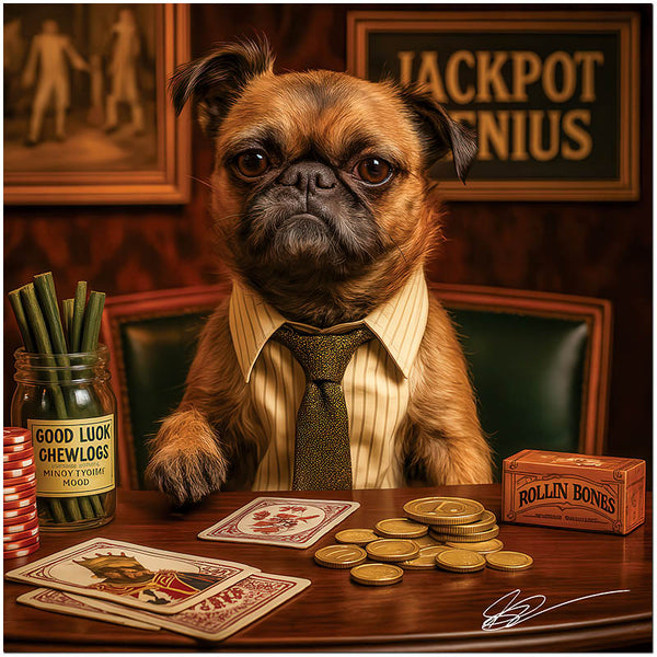 Brussels Griffon dog dressed stylishly playing cards and coins at a casino table