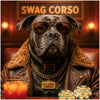 Swag Corso Cane Corso dog wearing sunglasses, leather jacket, and gold chain at a poker table with casino chips and drink