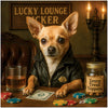 Lucky Lounge Licker Chihuahua dog wearing leather jacket at poker table scene