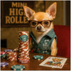 Mini High Roller Chihuahua wearing glasses at poker table with stacked chips