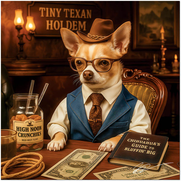 Tiny Texan Holdem Chihuahua dressed as a cowboy playing poker at a bar scene