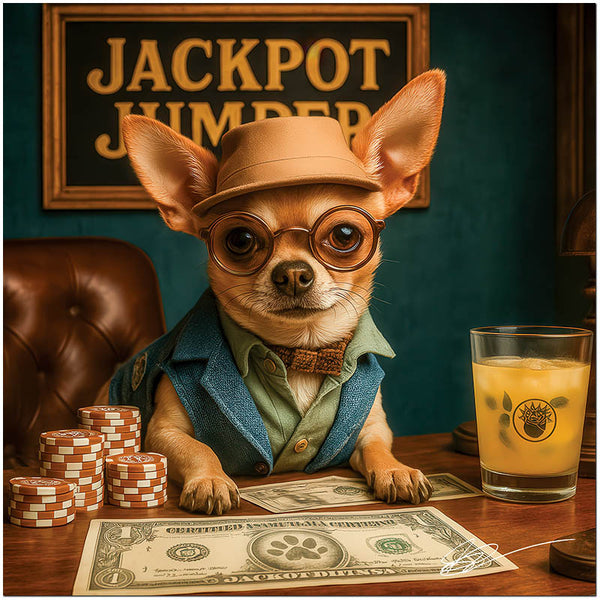 Jackpot Jumper Chihuahua wearing vintage glasses and hat at a poker table