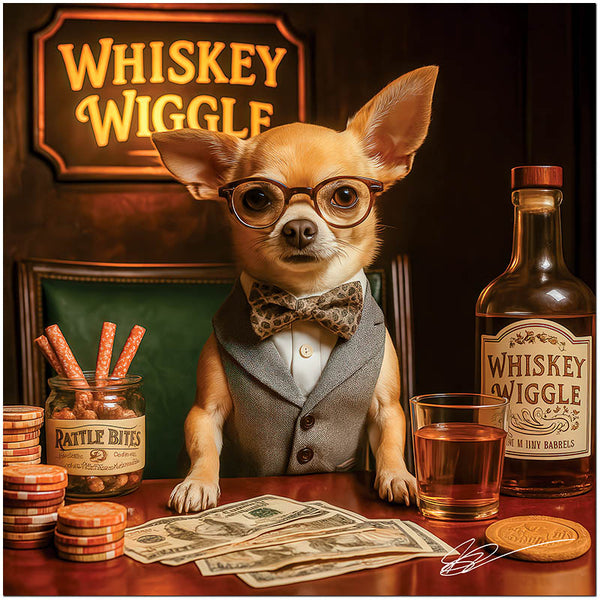 Whiskey Wiggle Chihuahua dressed in bowtie and glasses at vintage whiskey lounge