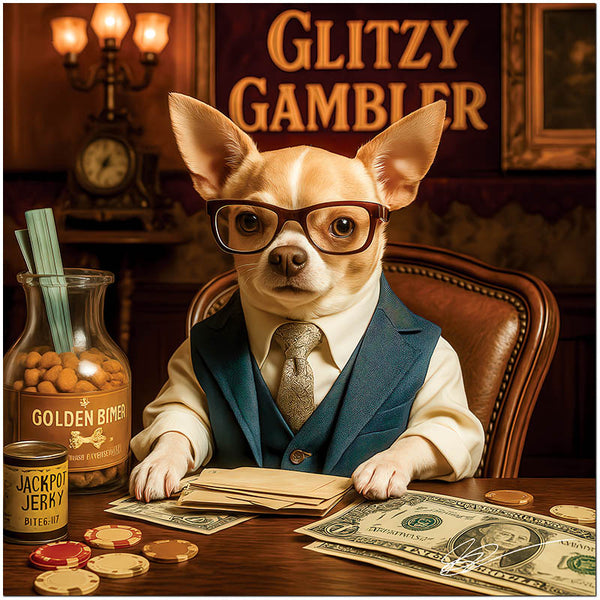 Glitzy Gambler Chihuahua wearing glasses at a casino table