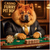 Chow Chow dressed as a sophisticated Casino Furry Pit Boss at a poker table
