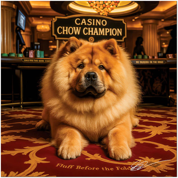 Confident Chow Chow dog ruling the casino floor with fluffy charm