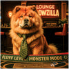 Chow Chow dog Vegas sitting proudly at lounge bar with humorous monster-level fluff sign