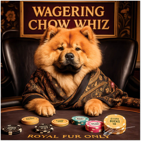 Chow Chow dog playing poker dressed in royal attire Wagering Chow Whiz humorous casino artwork