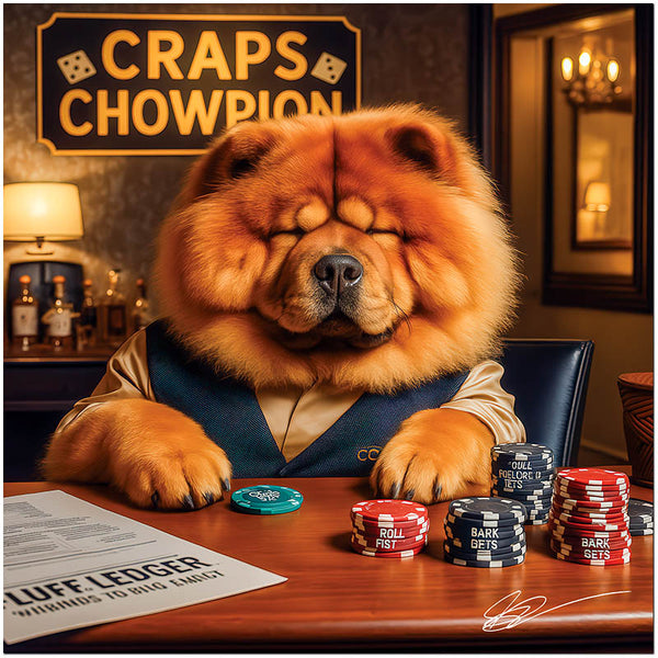 Chow Chow dog at casino craps table humorous gambling themed artwork Craps Chowpion