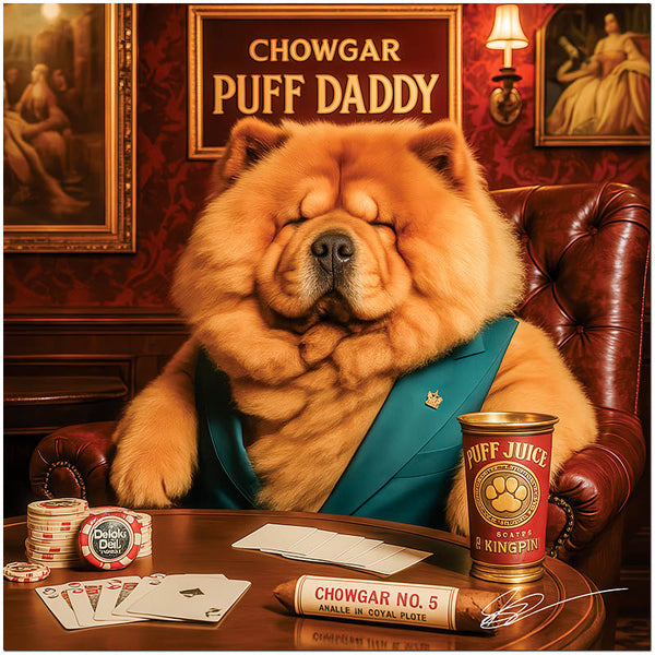Chow Chow dog playing poker titled Chowgar Puff Daddy in casino-themed canine art scene