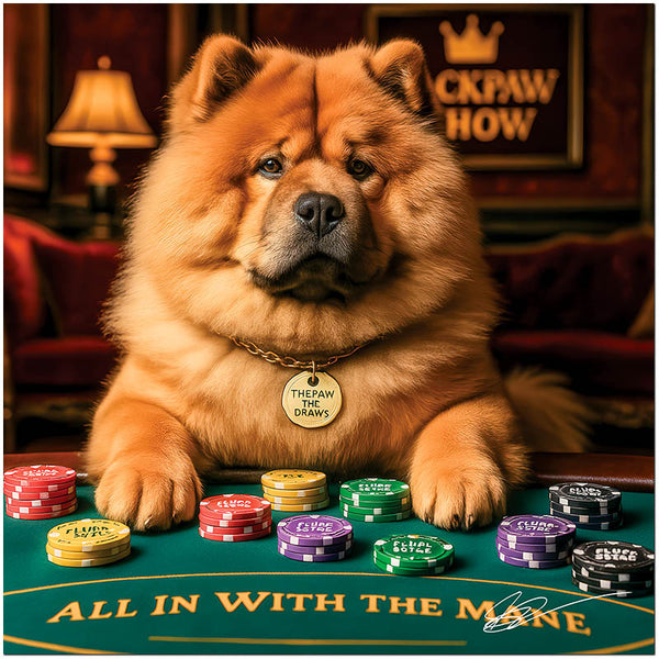 Humorous Chow Chow dog Jackpaw Chow at poker table in luxury casino setting metal art print