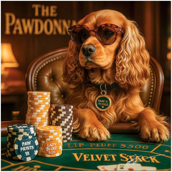 Stylish Cocker Spaniel wearing sunglasses at casino poker table dog artwork metal print