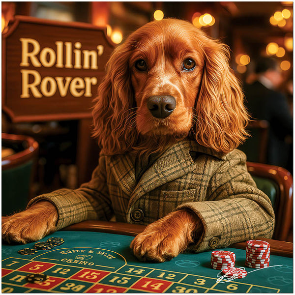 Cocker Spaniel dog elegantly dressed playing roulette at casino table humorous canine art metal print