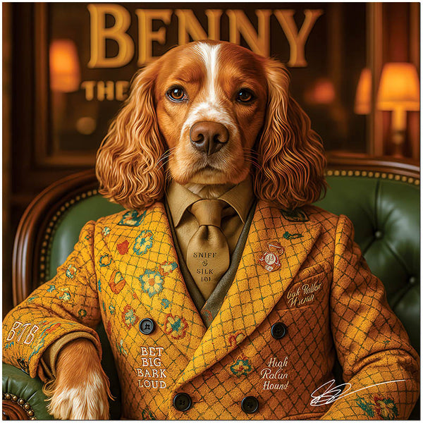 Elegant Cocker Spaniel in tailored suit casino-themed canine art metal print