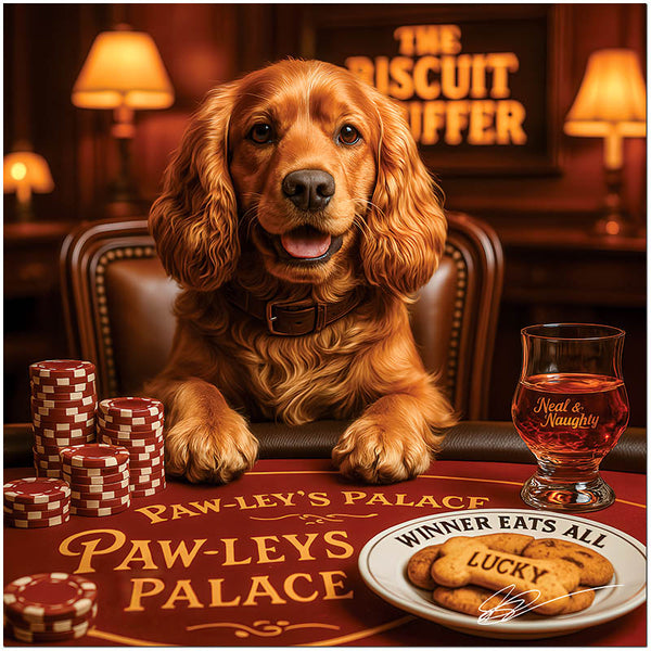 Playful Cocker Spaniel playing poker with biscuits canine artwork metal print