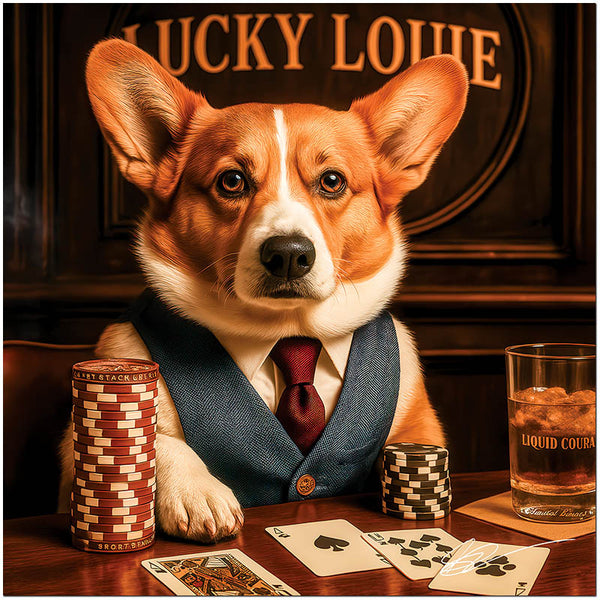 Sophisticated Corgi playing poker canine artwork metal print