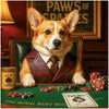 Stylish corgi dog in vest and bowtie playing poker at casino table metal print
