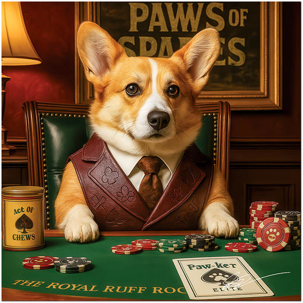 Stylish corgi dog in vest and bowtie playing poker at casino table metal print
