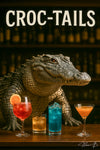 Crocodile bartender serving vibrant cocktails metal print wall art