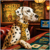 Dalmatian wearing an elegant patterned tie at a casino gaming table in luxurious lounge decor