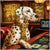 Dalmatian wearing an elegant patterned tie at a casino gaming table in luxurious lounge decor