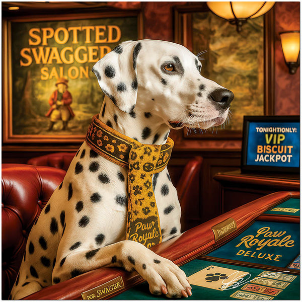 Dalmatian wearing an elegant patterned tie at a casino gaming table in luxurious lounge decor