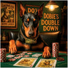 Doberman dog playing poker with "Full Pawtection" collar at luxury casino table