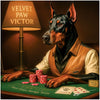 Doberman dog elegantly seated at poker table under vintage lamp