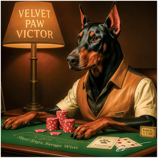 Doberman dog elegantly seated at poker table under vintage lamp