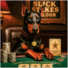 Doberman dog seated confidently at poker table in elegant saloon setting